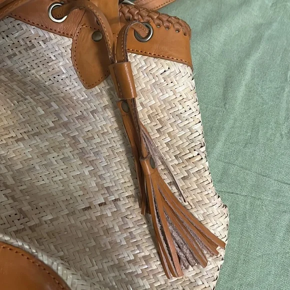 Anthropologie Street Level Boho Backpack Rattan Leather Tassels Circle Bag NWOT - Picture 5 of 10